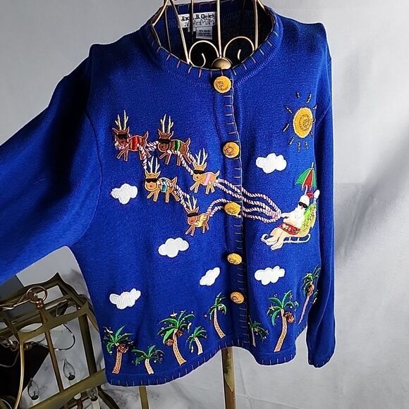 Tropical Island Santa Claus, Sleigh & Reindeer with Sparkle Palms Sweater Size L - Picture 1 of 13